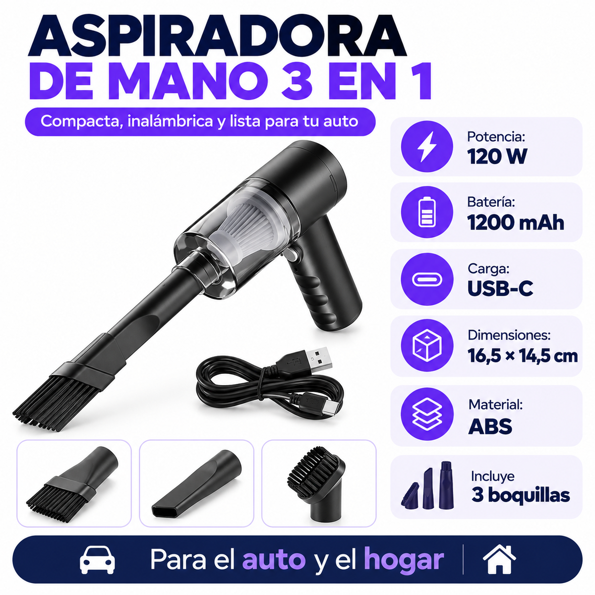 Ficha técnica de aspiradora de mano 3 en 1: 120 W, 1200 mAh, USB-C, 16,5 × 14,5 cm, ABS y tres boquillas