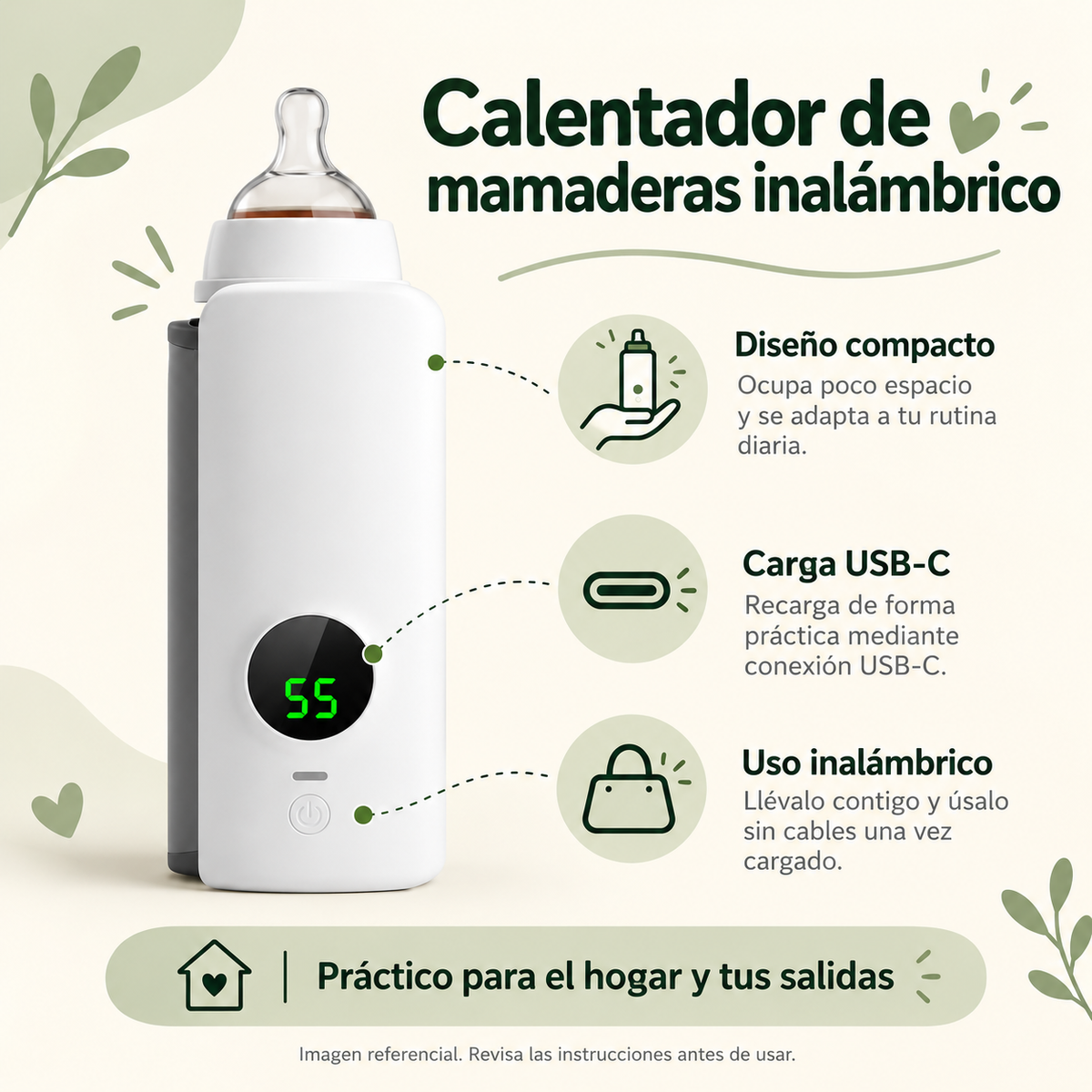 Calentador de mamaderas inalámbrico con carga USB-C y diseño compacto