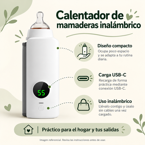 Calentador de mamaderas inalámbrico con carga USB-C y diseño compacto