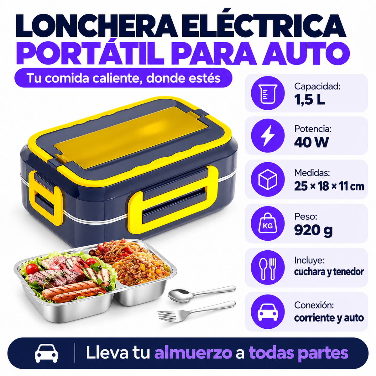 Lonchera eléctrica portátil: capacidad de 1,5 L, potencia de 40 W y accesorios