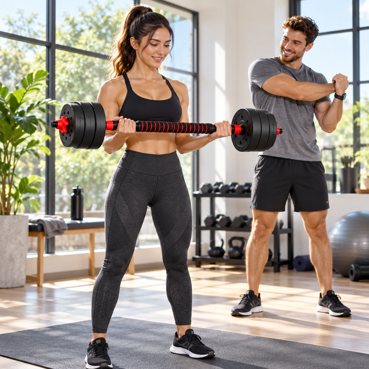 Escena ilustrativa: mujer entrenando con la configuración de barra y hombre estirando