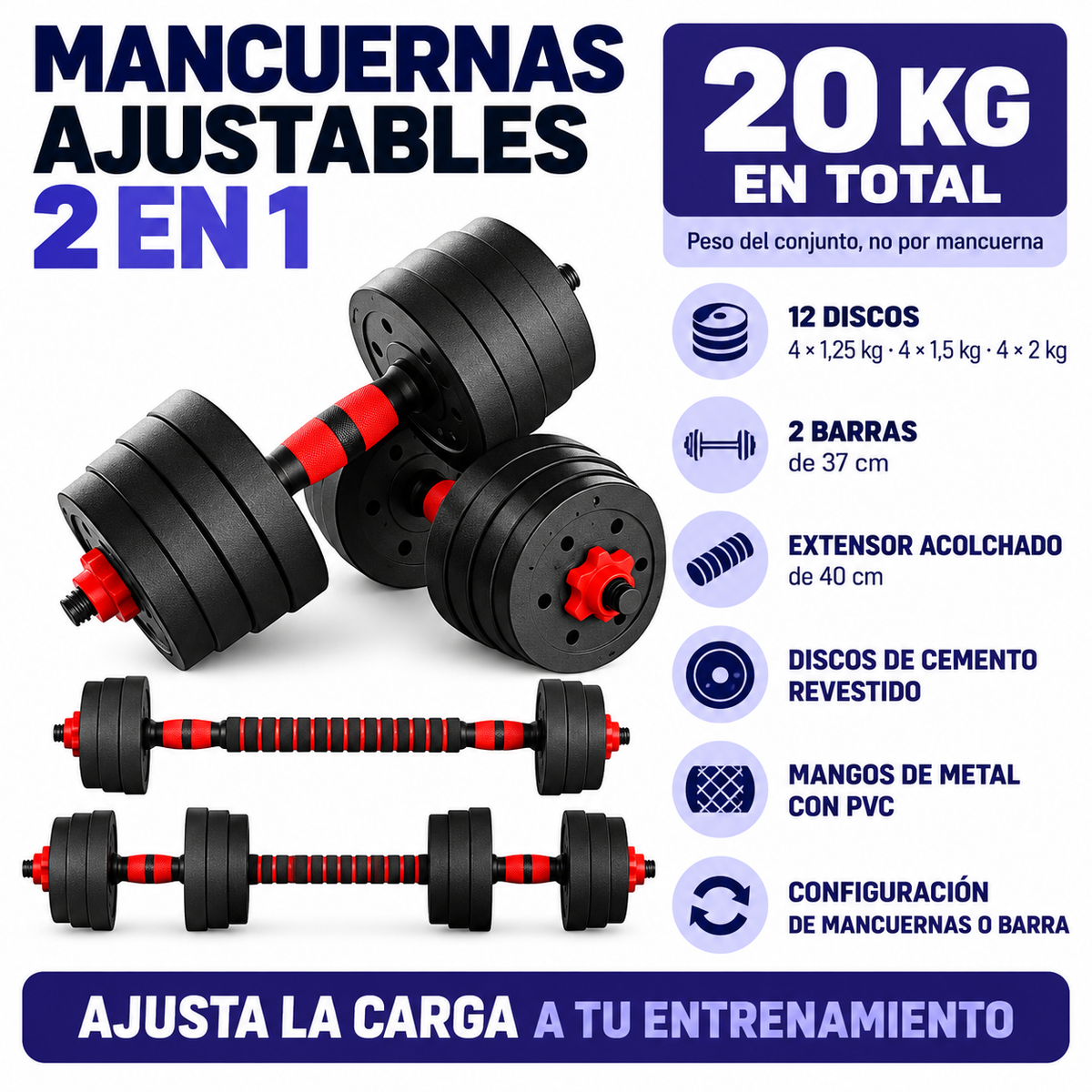 Ficha técnica de kit de mancuernas ajustables 2 en 1, 20 kg totales