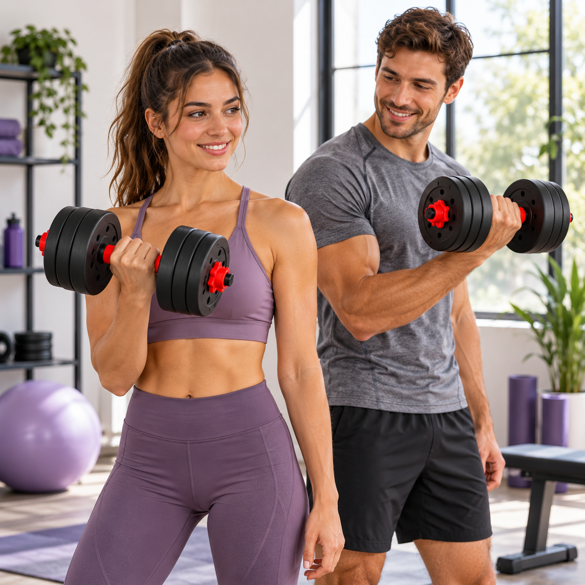 Escena ilustrativa: hombre y mujer adultos entrenando con mancuernas negras y rojas
