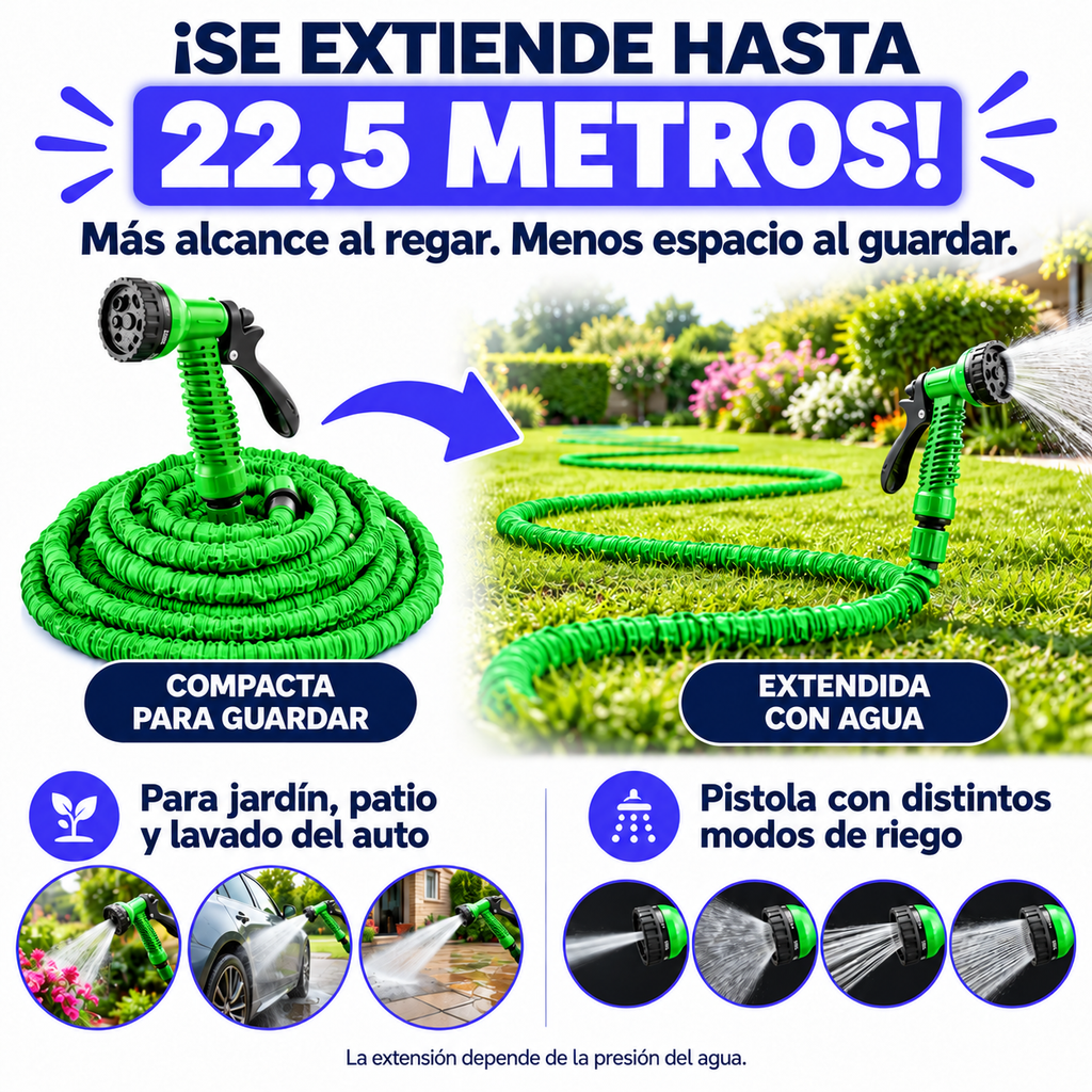 Manguera verde extensible hasta 22,5 metros: compacta y extendida con agua