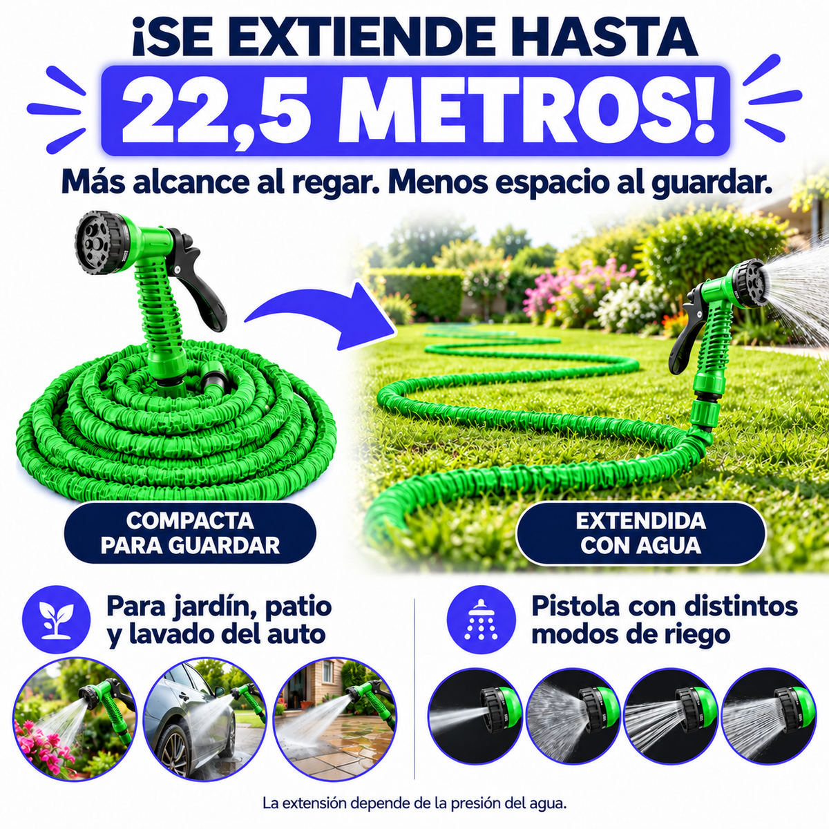 Manguera verde extensible hasta 22,5 metros: compacta y extendida con agua