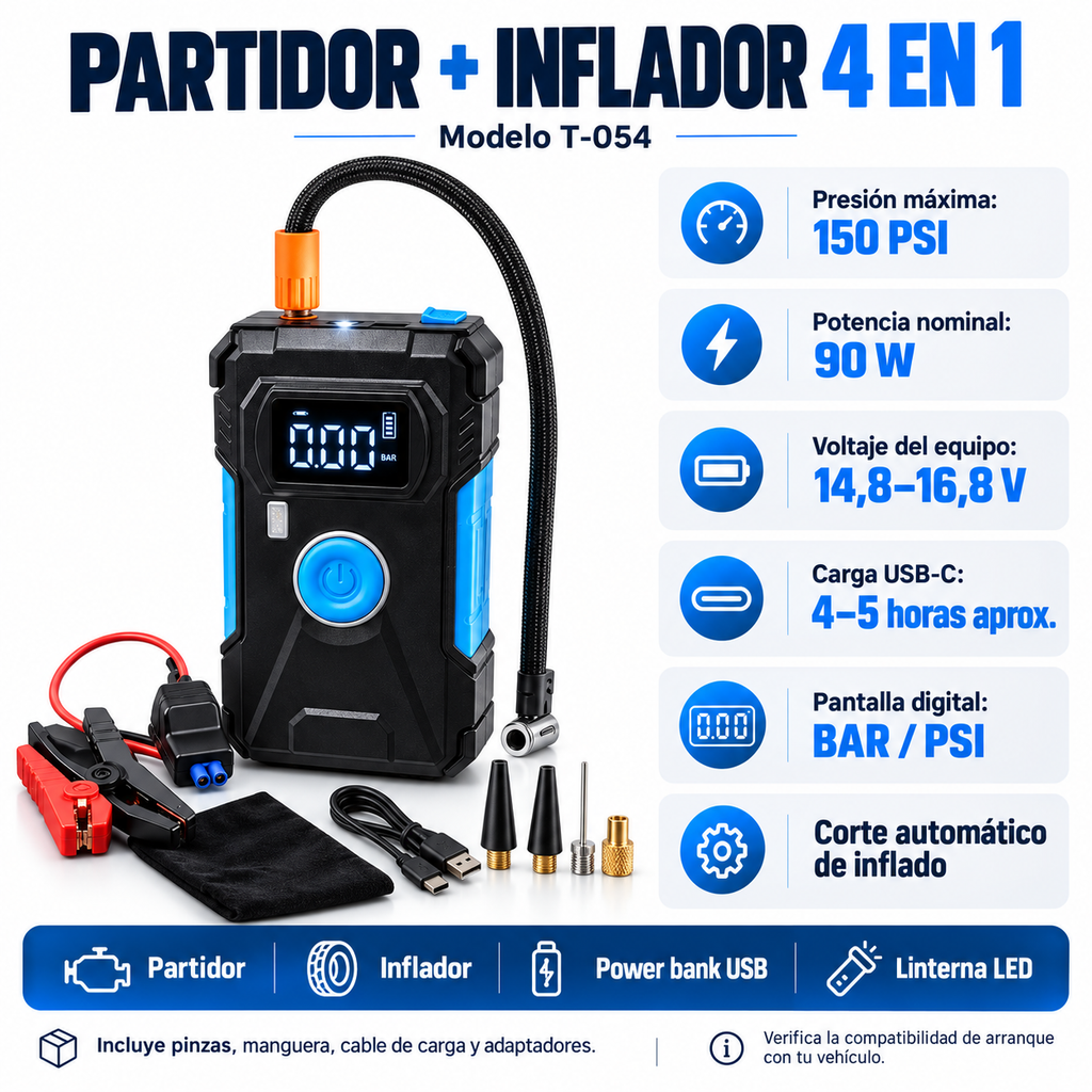Ficha técnica T-054: 150 PSI, 90 W, 14,8–16,8 V, carga USB-C en 4–5 horas, pantalla BAR/PSI y corte automático