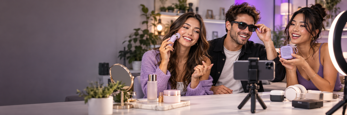 Jóvenes adultos probando productos de belleza y tecnología y grabando contenido para redes sociales